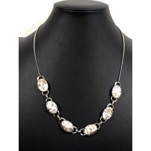 Vintage White Marbled Glass Necklace Gold Vein Silver Tone 20"